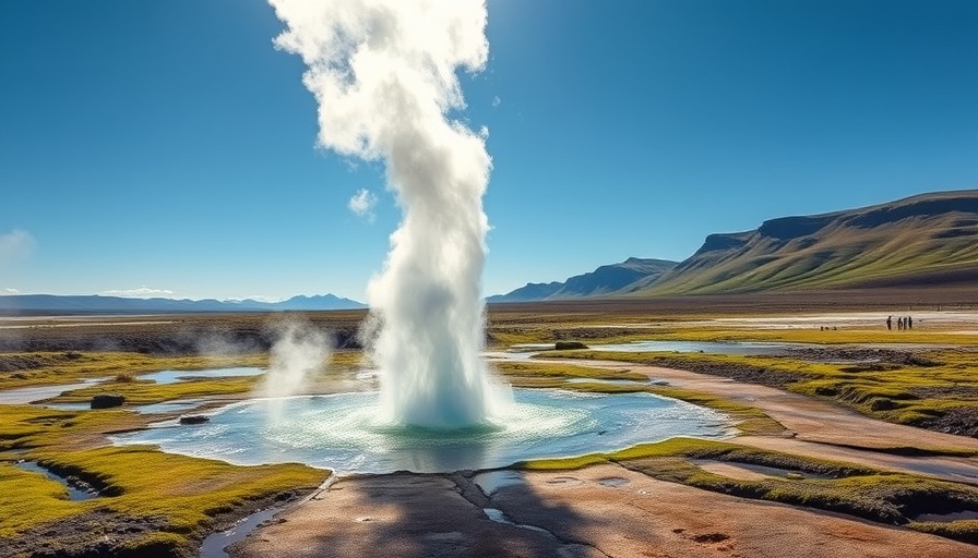Icelandic geyser eruption under blue sky, stagflation preparation strategies.