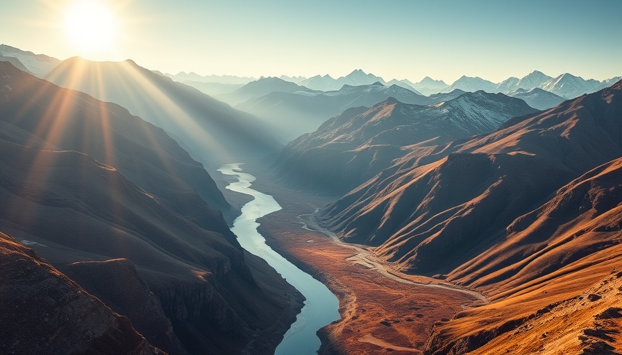 Understanding Sustainability: Serene river and mountain landscape at sunrise.