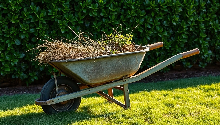 Wheelbarrow filled with weeds for garden weeds control.