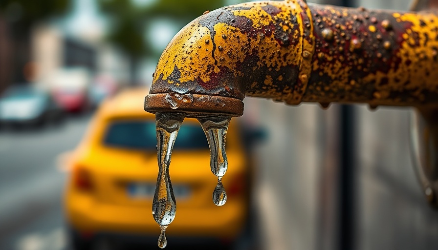 Dripping old outdoor faucet with blurred city street background, Replace Old Water Line.