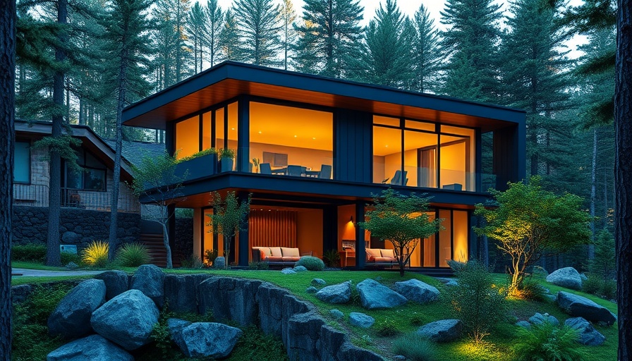 Trending contemporary architecture 2025: modern house amidst trees.
