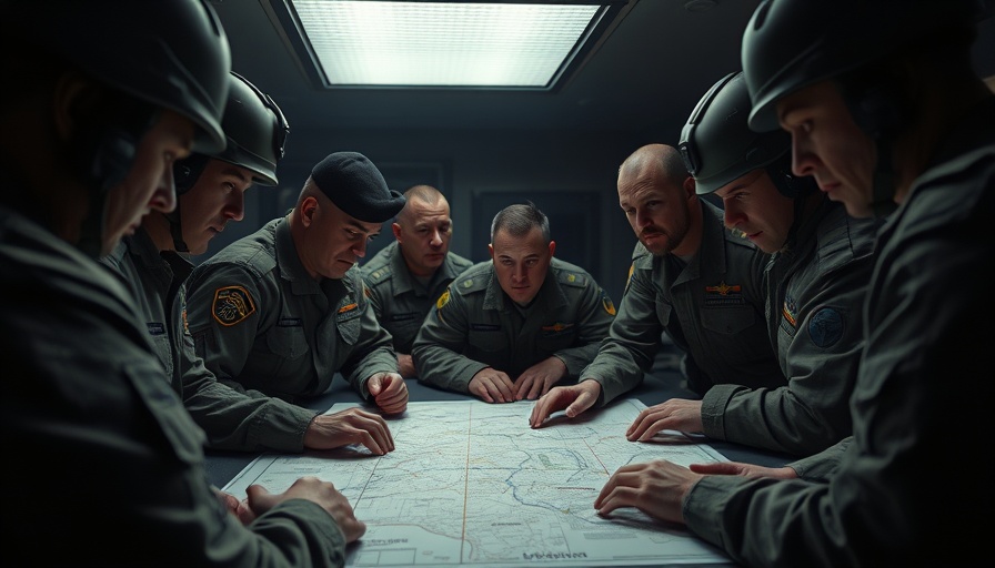 Military strategy meeting, soldiers planning in dim room.
