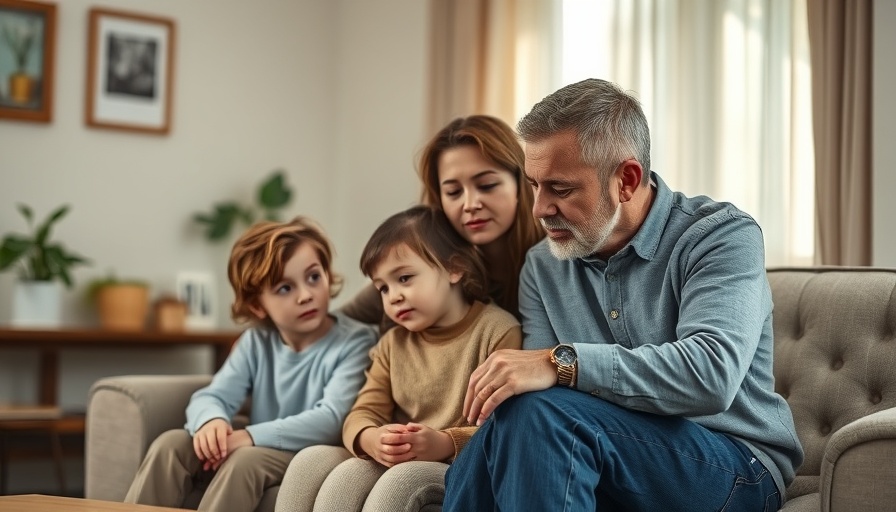 Dual Unemployed Parents with children in a living room, looking pensive.