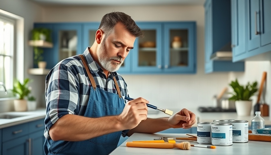 Skilled craftsman painting a kitchen cabinet in a bright kitchen.