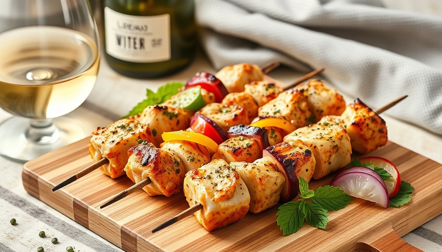 Lemon chicken and Greek salad skewers served with dip.