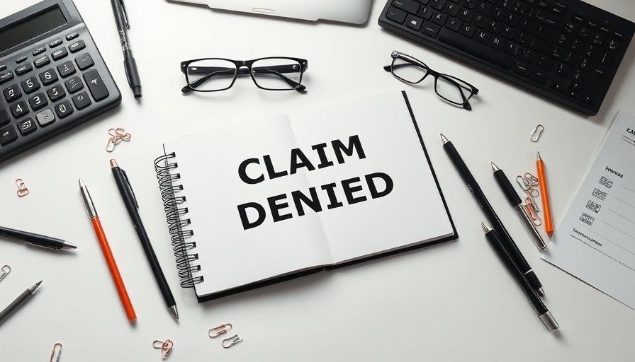Claim denied sign on desk with stationery and office items.