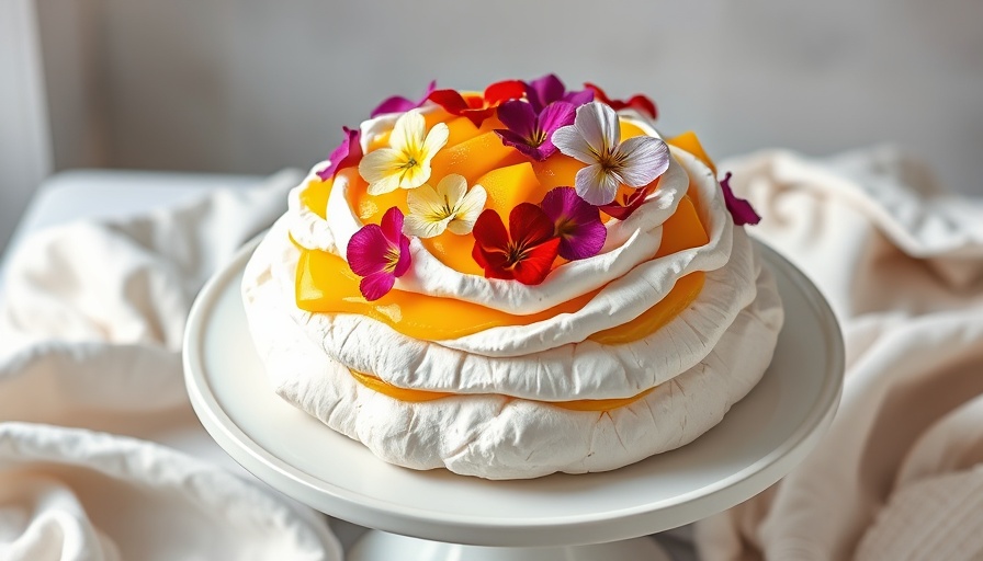 Colorful aquafaba pavlova with flowers and mango topping.