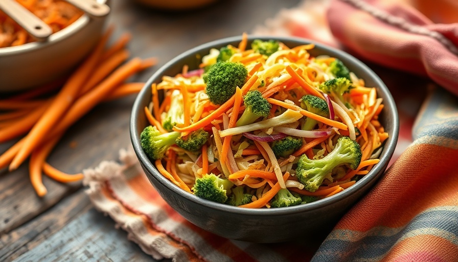 Vibrant broccoli and carrot slaw with miso dressing, rustic setting.