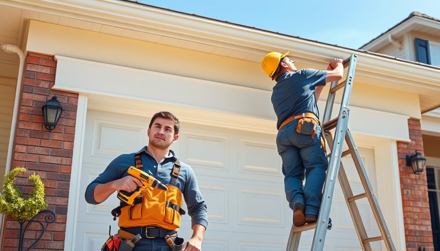 Timely garage door repairs by two workers in safety gear, bright day.
