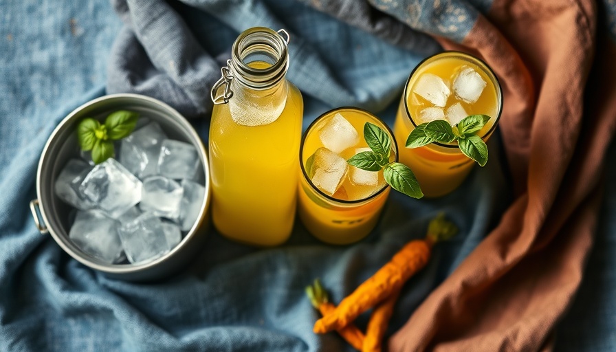 Basil Ginger Green Tea Turmeric Cooler in bottle and glasses on fabric.