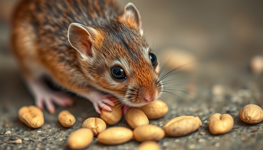 Mouse nibbling peanuts, related to long-term pest protection.