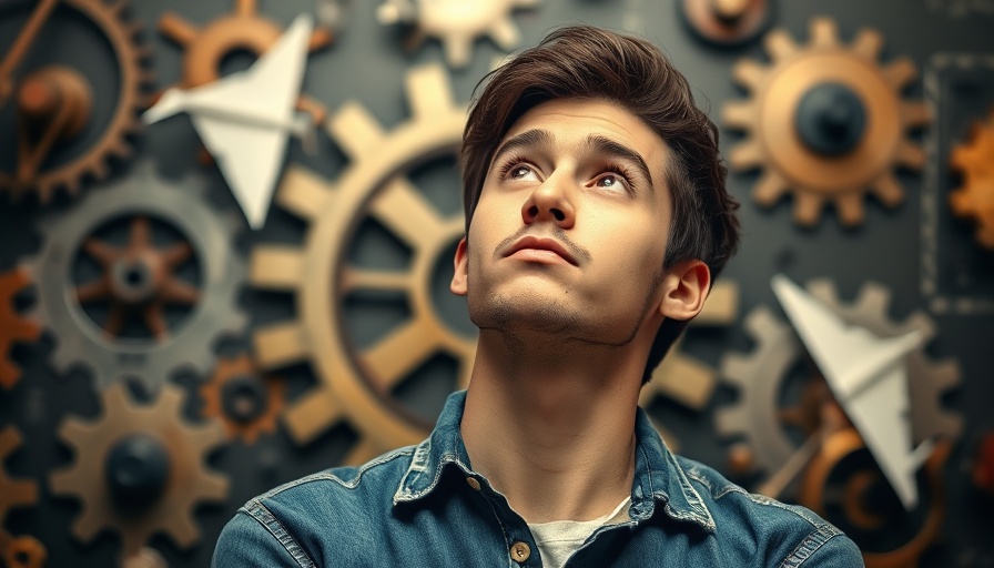 Young man with curious look, gears and paper airplane, future of SEO concept.