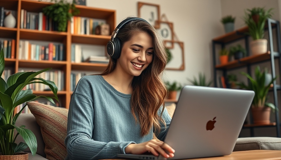 Woman learning essential copyright rules on laptop in living room.