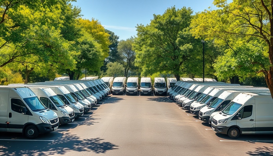 Fleet of white delivery vans in tree-lined parking lot on sunny day.