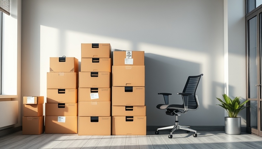 Office packed for Moving LLC to Another State with boxes and chair.
