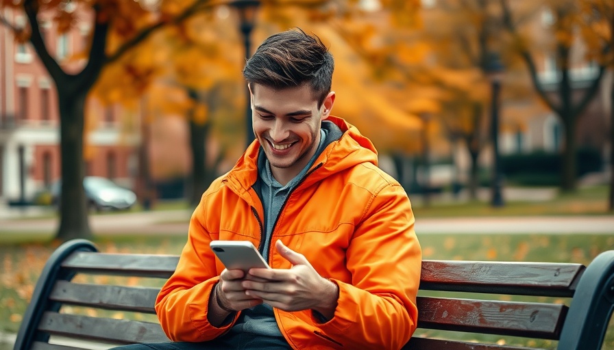 Young man smiling and using phone on park bench, Share Instagram Posts to Stories.