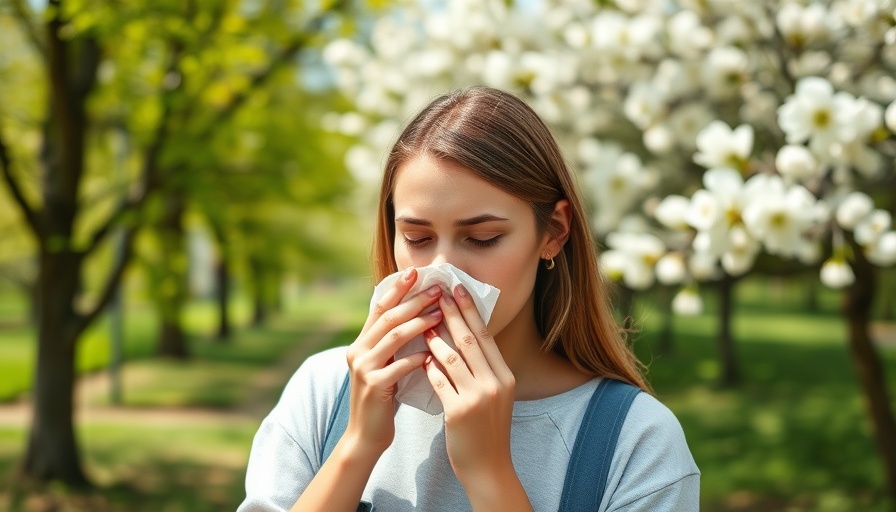Young woman managing spring allergies outdoors with tissue.