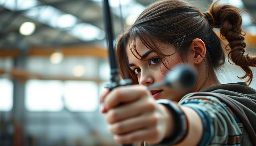 Focused female archer aiming with a bow, illustrating micro habits impact.