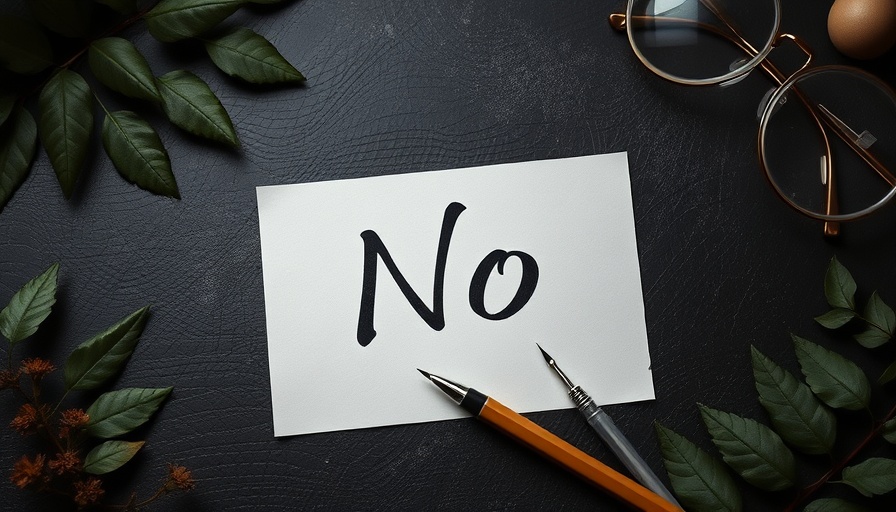 Elegant paper with 'No' calligraphy surrounded by tools, how to say no gracefully.