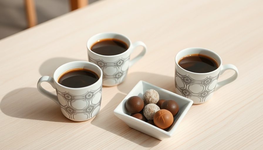 Minimalist coffee setup with espresso and truffles on wood.