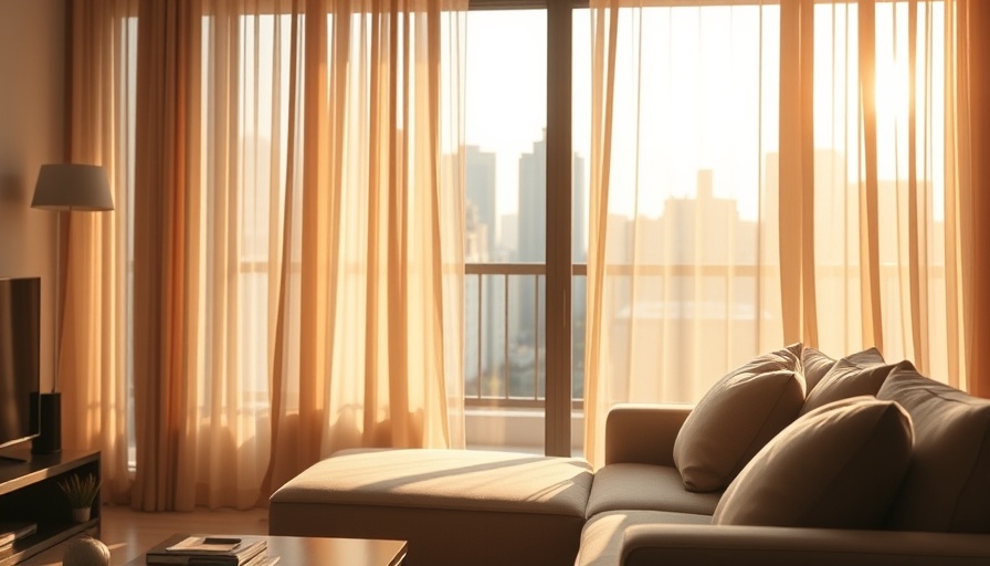 Cozy living room with sunlight through curtains and city view, ideal for sentimental clutter management.