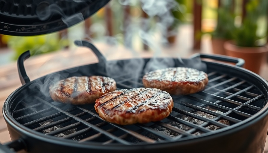 Smoking beef patties on a charcoal grill for outdoor grill station ideas.