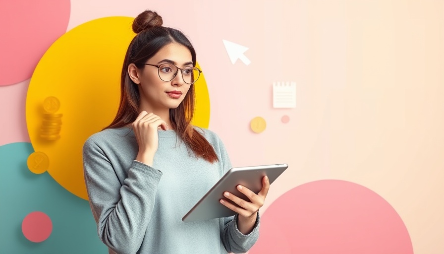 Young woman with tablet in abstract digital marketing scene: buyer journey keyword research.