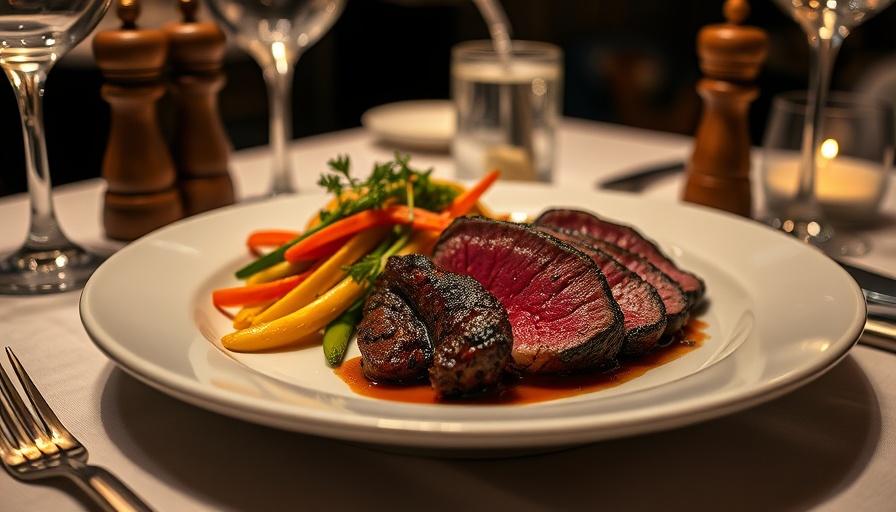 Elegant gourmet steak dish in upscale restaurant setting.
