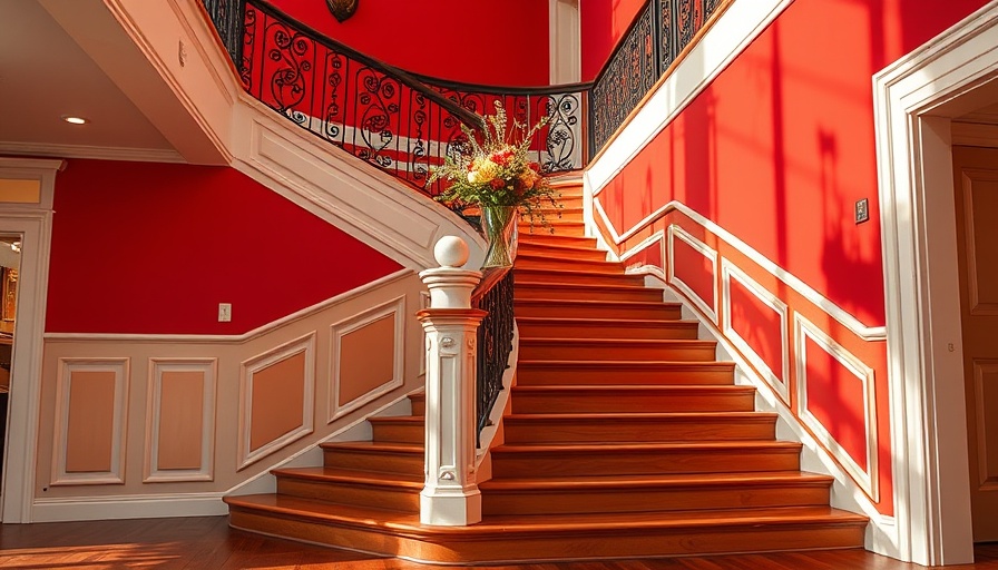Elegant staircase with decorative wainscoting and red walls.