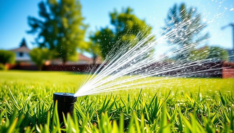 Sprinkler head watering a lush lawn, promoting regular landscape maintenance and water efficiency.