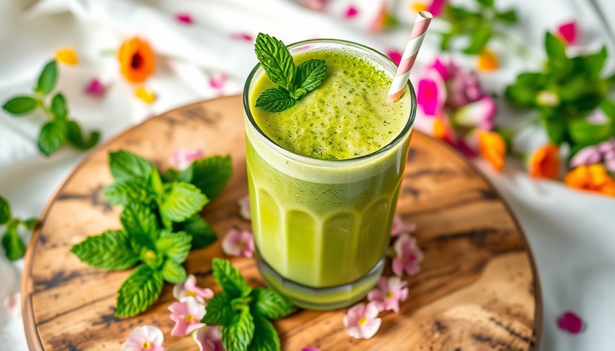 Mint matcha smoothie with mint leaves and flowers on a rustic board.