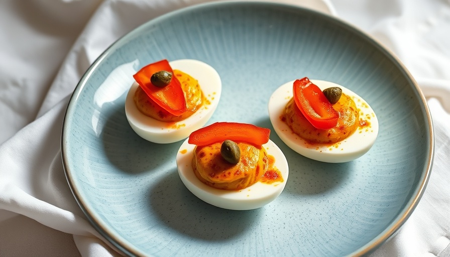 Elegant romesco devilled eggs on a light blue plate.