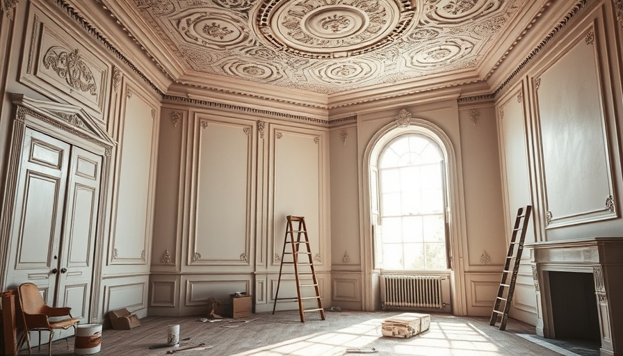 Elegant living room with vintage molding in a historic home during renovation.
