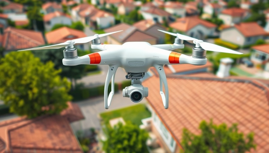 Drone inspecting red-tiled roof in residential area with greenery.