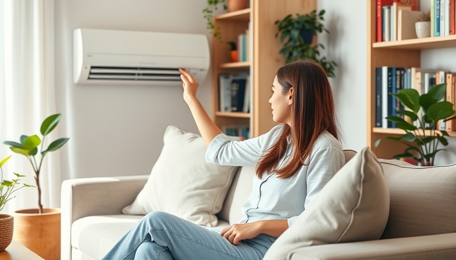 Woman using remote for air conditioner, enhancing indoor air quality, bright living room.
