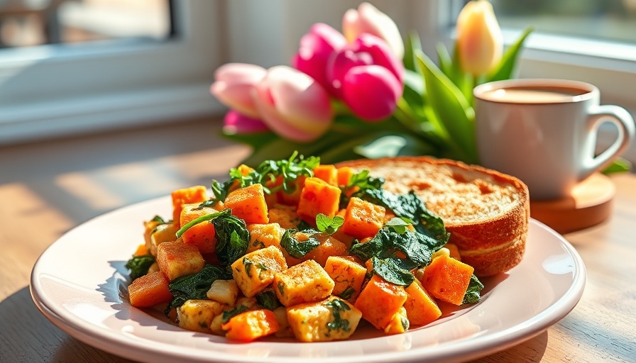 Spicy Tofu Scramble with Spinach and Sweet Potato with toast on a pink plate.