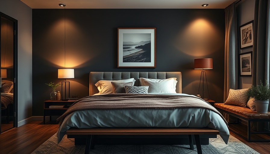 Contemporary bedroom using layered lighting technique with dark accent wall.
