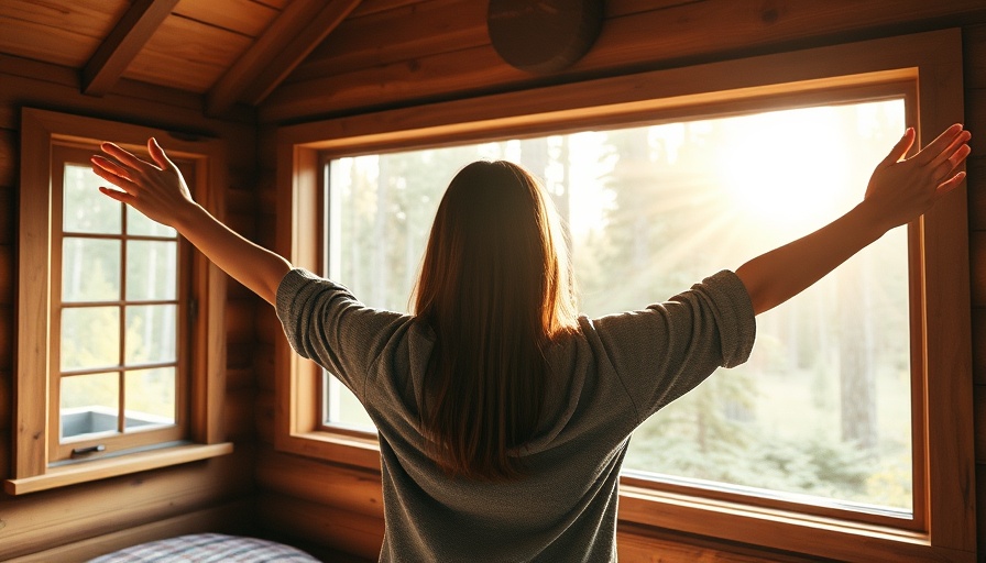 Woman stretching near window for restful relaxation in cabin.
