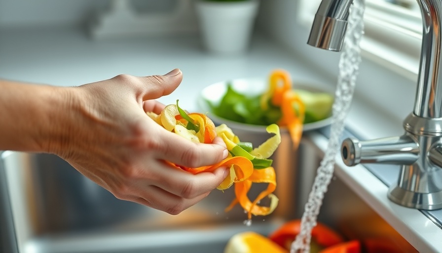 Person using garbage disposal in kitchen sink with vegetable peels.