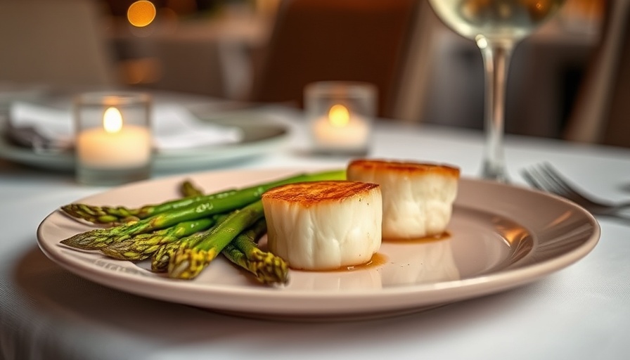 Seared scallops with soy and ginger marinated grilled asparagus elegantly plated.
