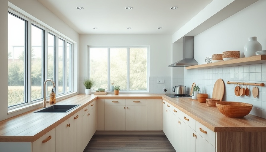 Modern kitchen, organized and bright, motivating cleanliness.
