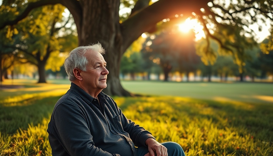Contemplative man in park reflecting on early retirement due to health issues.