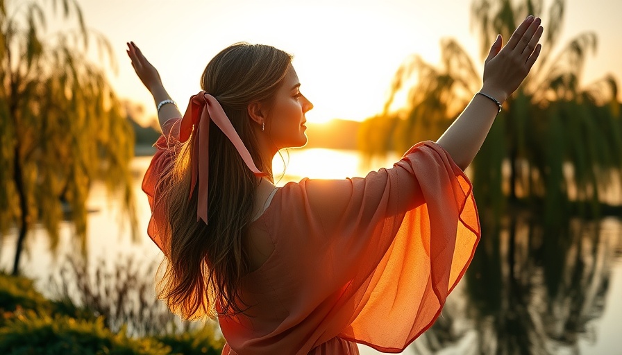 Graceful woman enjoying sunset by a lake, sustaining energy.