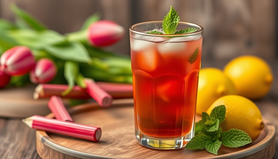 Rhubarb Iced Green Tea with mint and lemon on a wooden tray