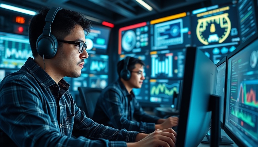 Cybersecurity professionals monitoring systems in a control center.