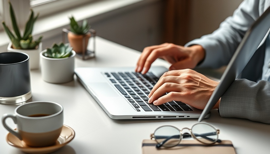 Close-up of hands typing on laptop with coffee and glasses at white desk.