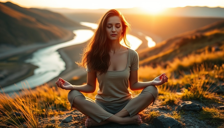 Meditation and Mindfulness for Mental Health: Woman meditating at sunset outdoors, serene atmosphere.