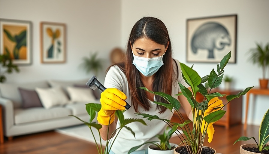 Woman cleaning plants in a Melbourne home, yellow gloves, mask.