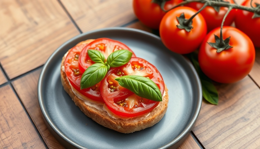 Rustic open-faced tomato sandwich with basil on a gray plate.