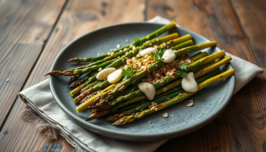 Charred asparagus salad with garlic tahini on rustic plate.